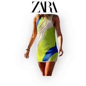 Zara Crochet Mini Dress Boho Indie Coachella Cream Lime Blue Small Summer